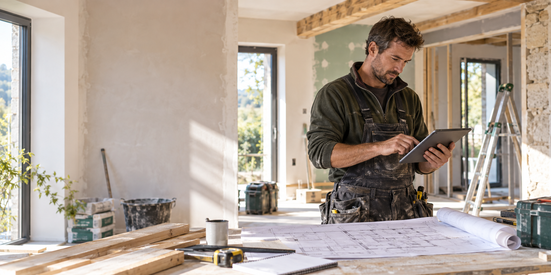Artisan préparant son chantier avec ses plans et une tablette