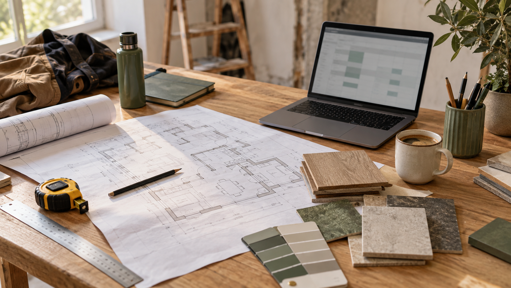 Plans et outils de préparation d’un chantier sur une table de travail